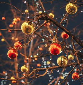 Red and gold baubles hanging from the branches of a deciduous tree