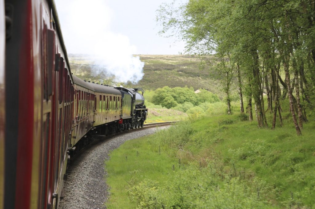 a steam train rounds a bend through moorland and trees